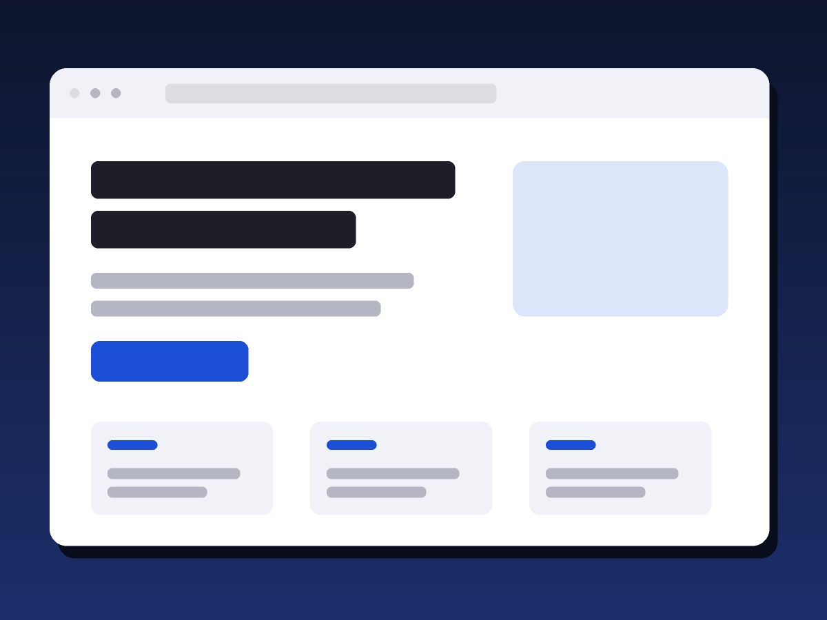 Wireframe of a landing page: heading, call to action and three cards